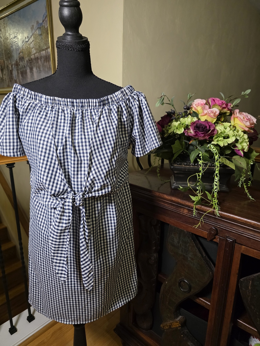 Style Envy‎ Navy and White Gingham Off-Shoulder Mini Dress Size XL
